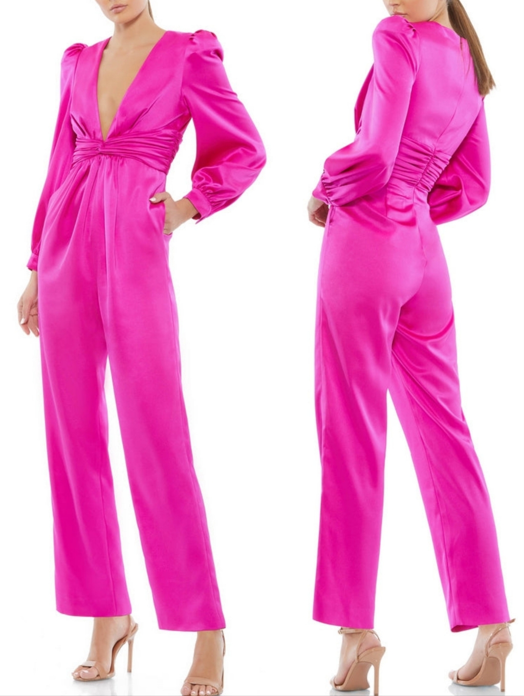 Ieena For Mac Duggal 2647 Fuschia Pink V-Neck Puff Sleeve Twist Jumpsuit 8 Nwt